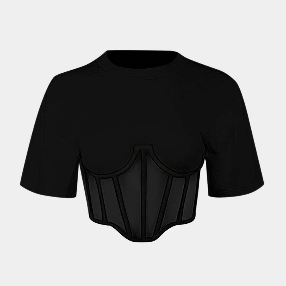 MICAS Zipper Short Sleeve Round Neck Corset Waist T-Shirt